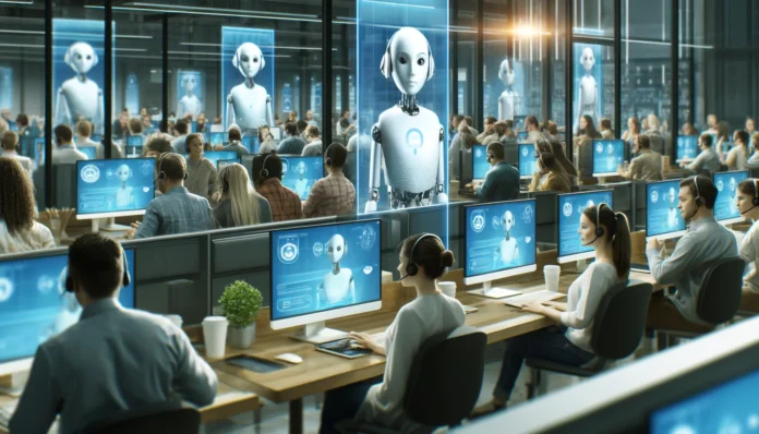 An image showing virtual chatbots assisting real people in a customer service setting. The scene is a modern call center with human operators